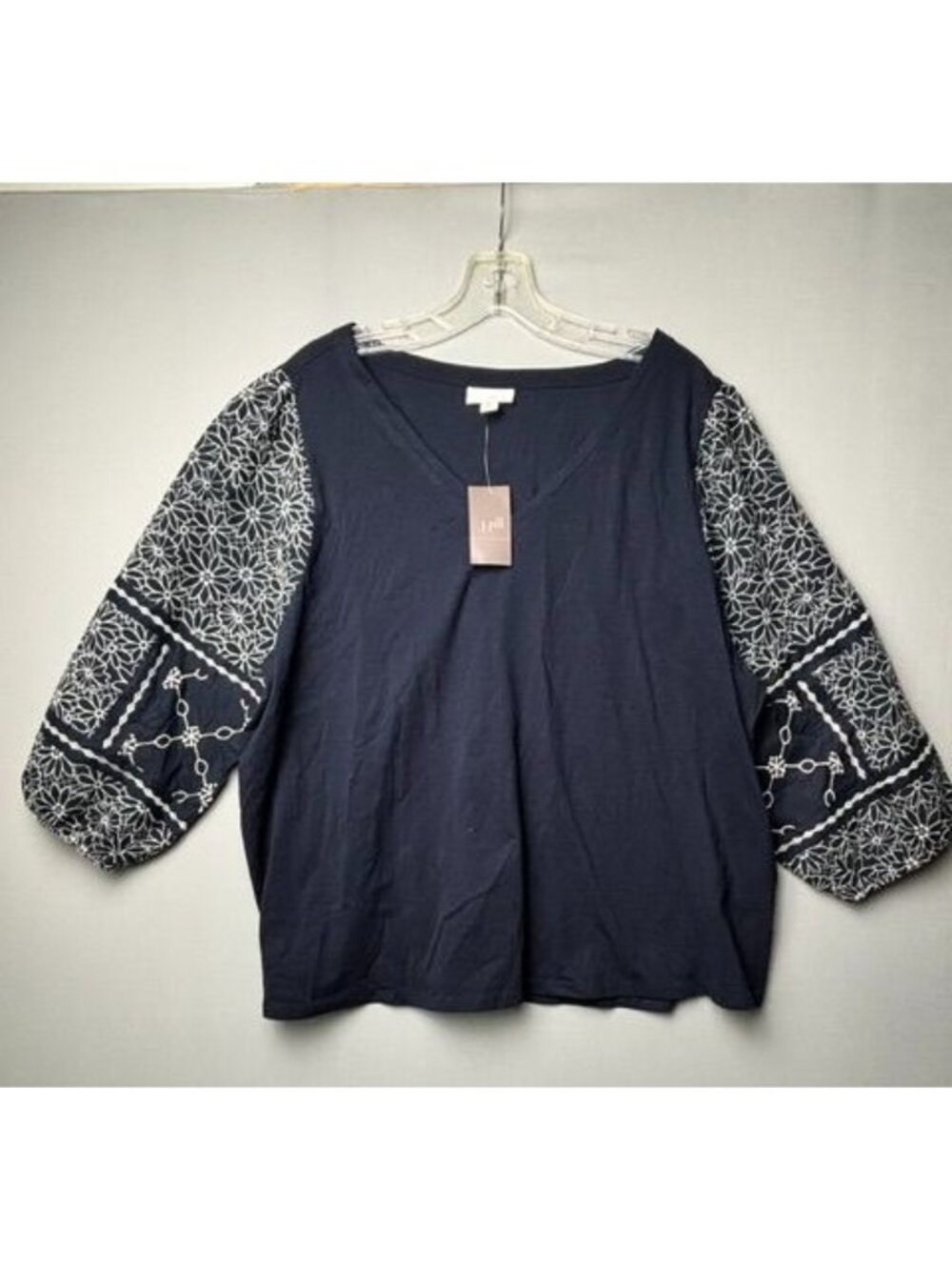 J. Jill Xl Petite Navy Embroidered Sleeve Top Boho Cotton 3/4 Balloon Sleeve